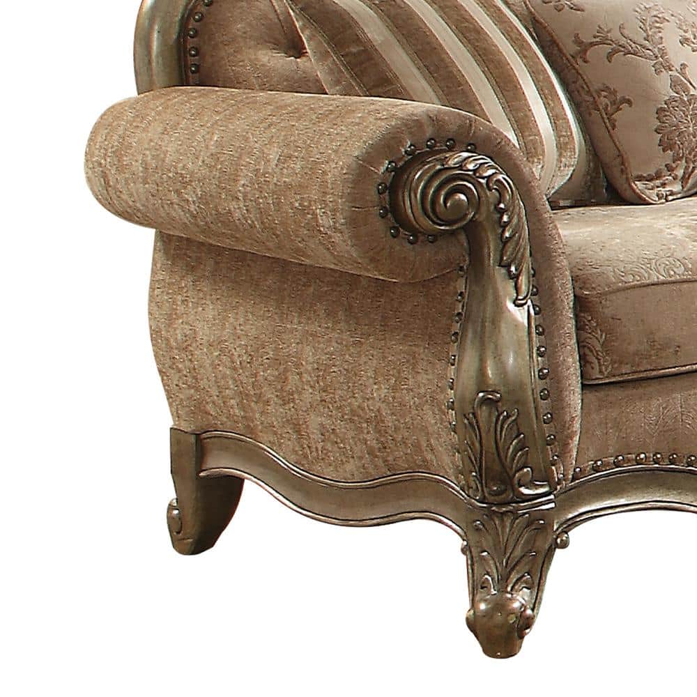 Ragenardus Vintage Oak & Tan Floral Tufted Sofa with Pillows