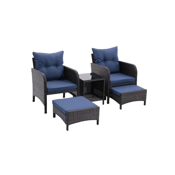 Zeus & Ruta 5-Piece Gray Wicker Patio Outdoor Conversation Set with Peacock Blue Cushions and 1 Coffee Table