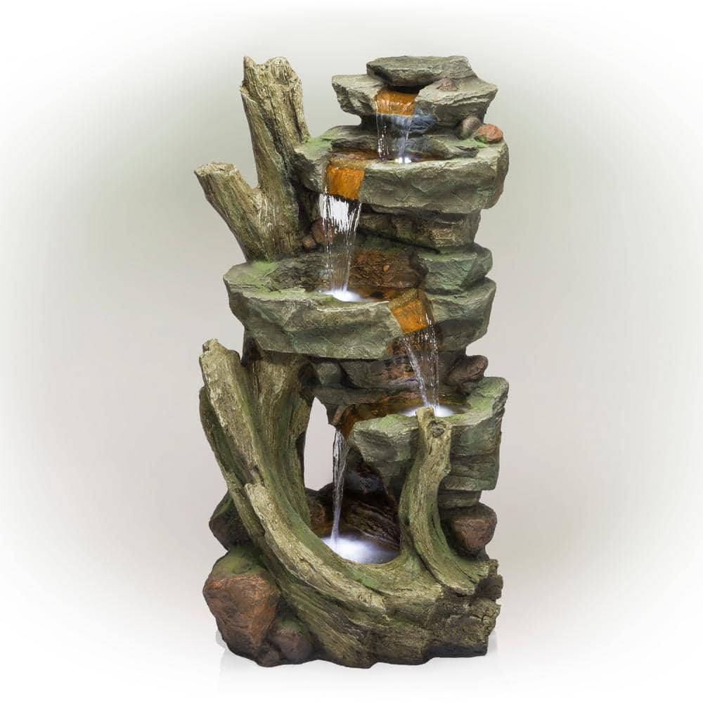 Alpine Corporation 39 in. Tall Outdoor Multi-Tier Cascading Stone Tower  Waterfall Fountain with LED Lights TZL292 - The Home Depot