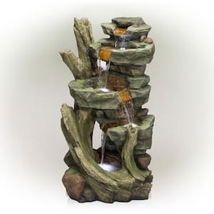 39 in. Tall Outdoor Multi-Tier Cascading Stone Tower Waterfall Fountain with LED Lights