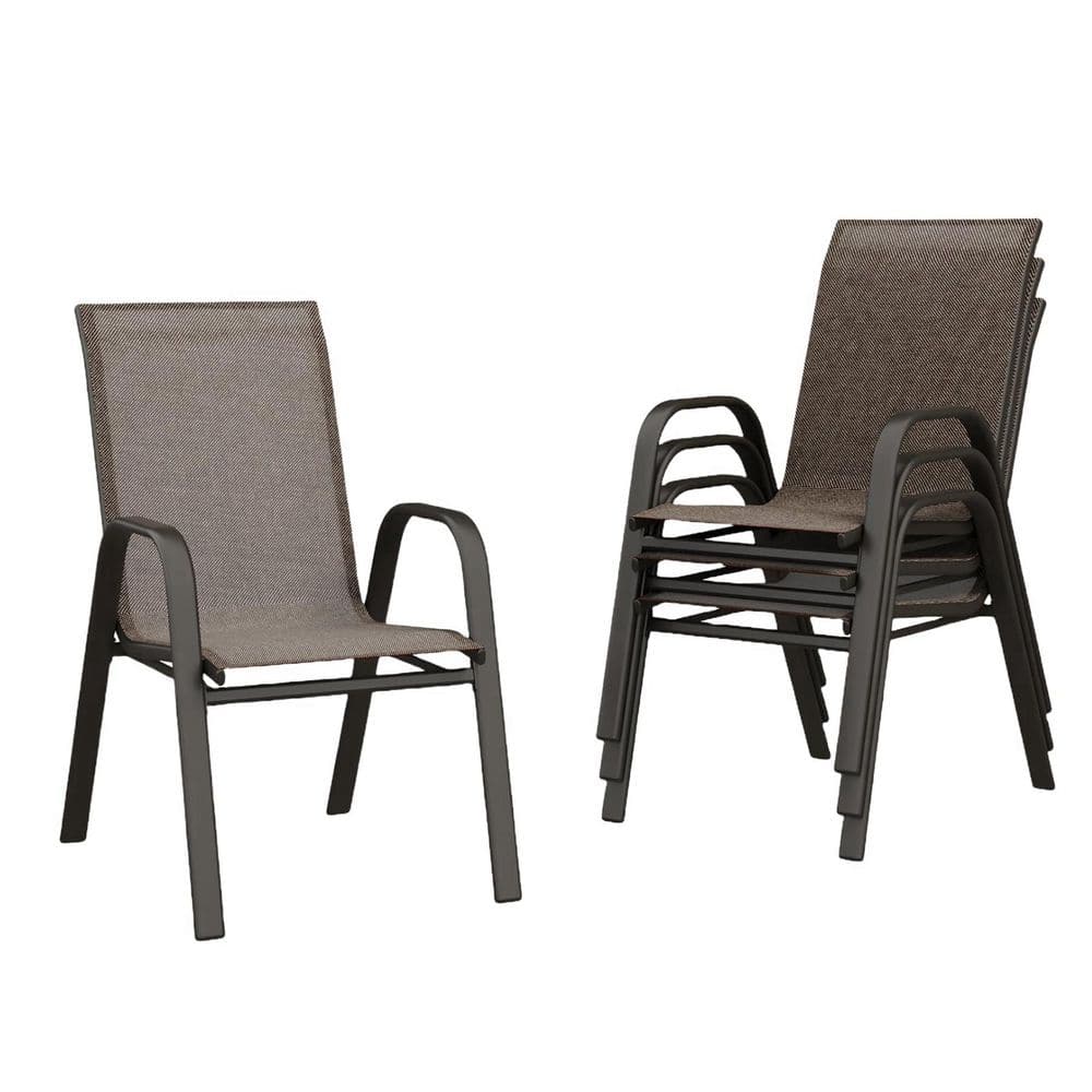Black Metal Frame Brown Textilene Stackable Outdoor Dining Chair Set of 4