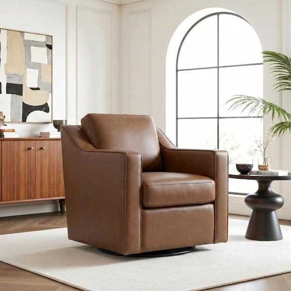 Coffee Faux Leather Upholstered Swivel Accent Barrel Chair(Set of 1)