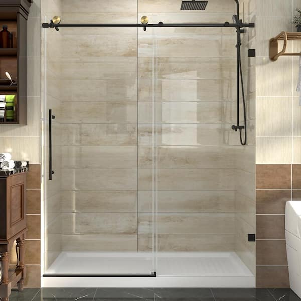 Lonni 56-60 in. W x 74 in. H Frameless Sliding Glass Shower Door in Matte Black Finish With 5/16 in. (8mm) Clear Glass