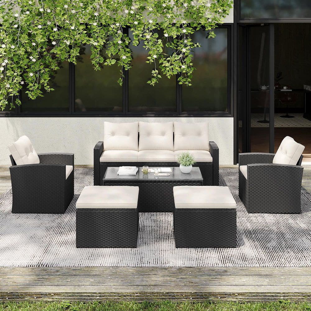 6-Pieces Patio Furniture Sets, All Weather Wicker Outdoor Conversation Sect