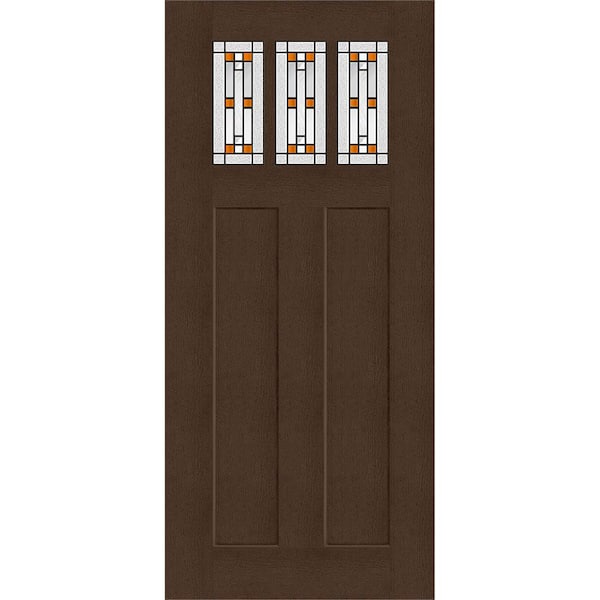 Steves & Sons Regency 36 in. x 80 in. Universal Handing 3Lite Amberton Decorative Glass Hickory Fir Grain Fiberglass Front Door Slab