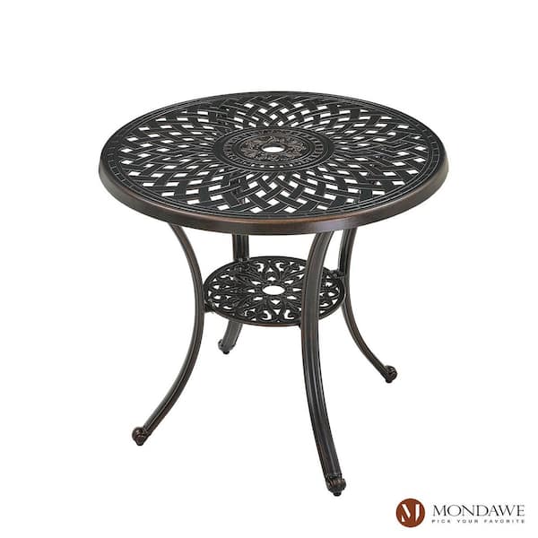 31 in. Round Antique Bronze Cast Aluminum Standard Height Outdoor Yard Bistro Table with Umbrella Hole