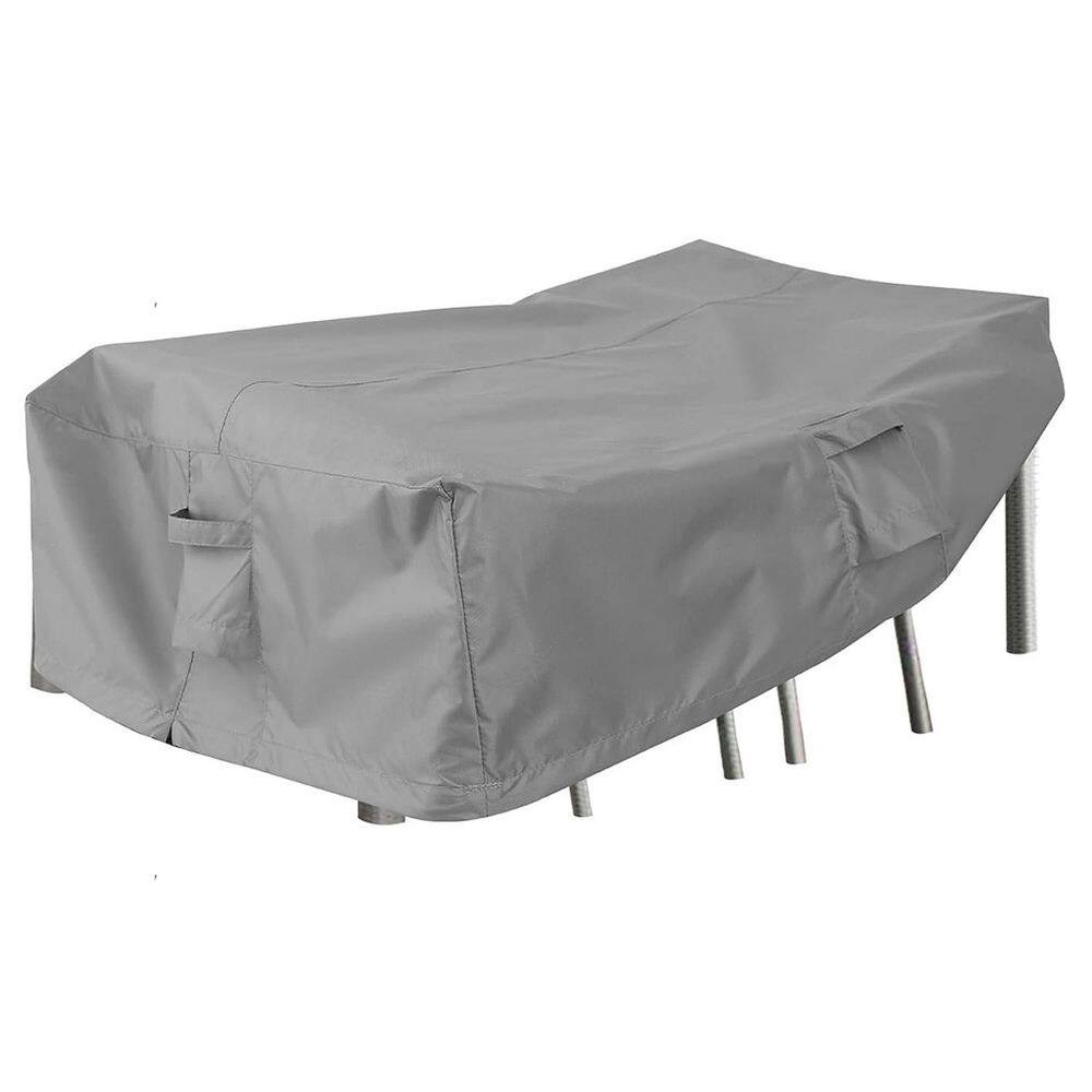 Gray waterproof patio furniture cover for a sectional couch set.