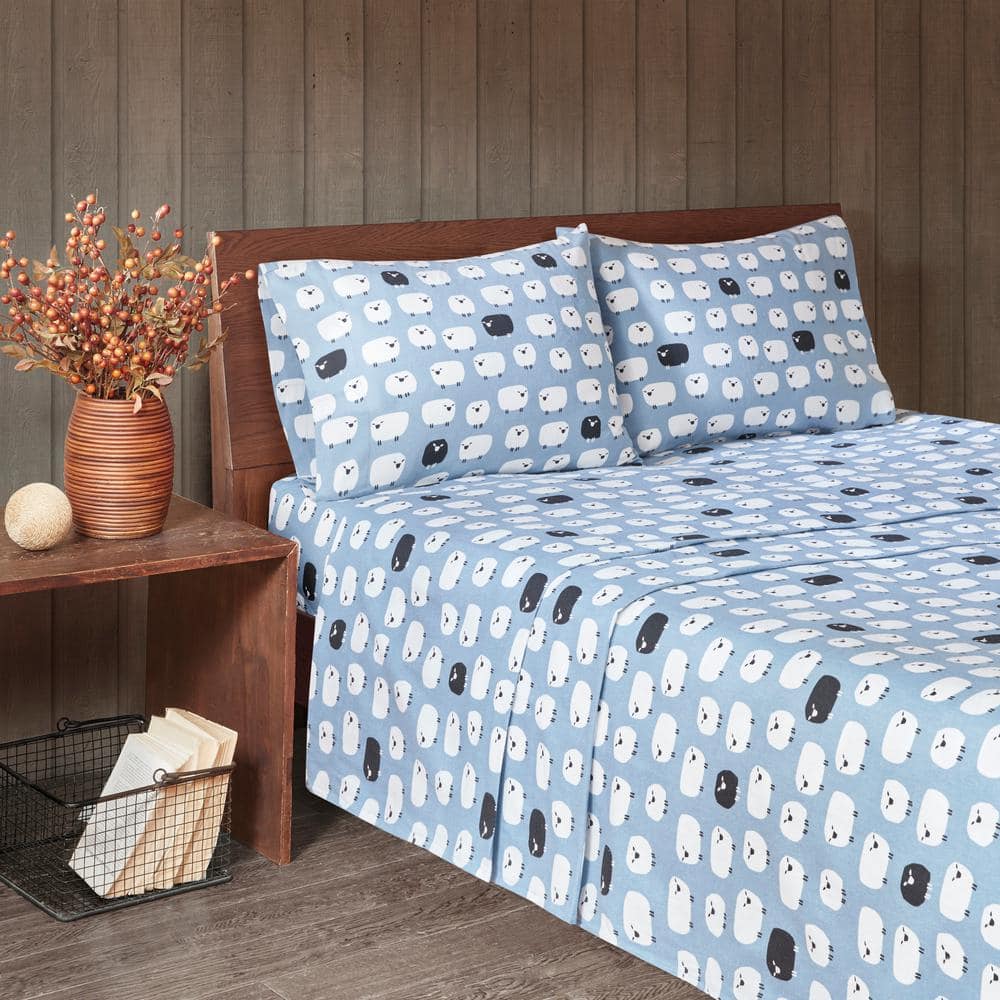 Blue Sheep Queen Cotton Flannel Sheet Set