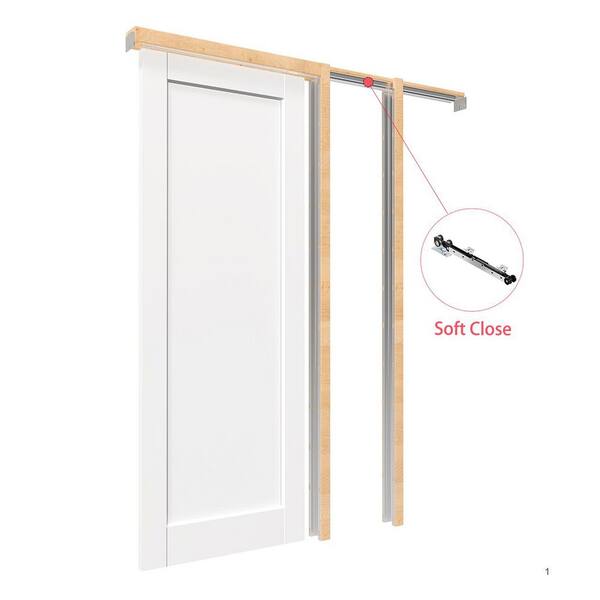 TENONER (30 in. x 2) x 80 in. White Primed Composite 1-Panel Core Pocket Double Door with Soft Close, Frame and Hardware Kit Set