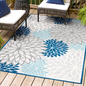 Minori Blue/Gray 3 ft. x 5 ft. Floral Indoor/Outdoor Area Rug