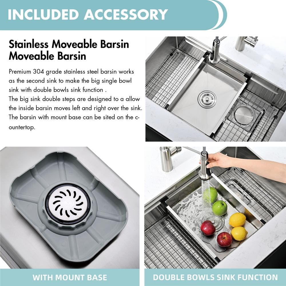 Akicon AK-U3219WS 32'' L Undermount Single Bowl Stainless Steel Kitchen Sink