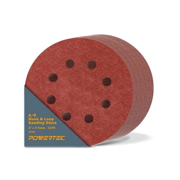 ‎POWERTEC 5 in. 40-Grit Aluminum Oxide Hook and Loop 8-Hole Sanding Disc for Random Orbital Sanders (50-Pack)