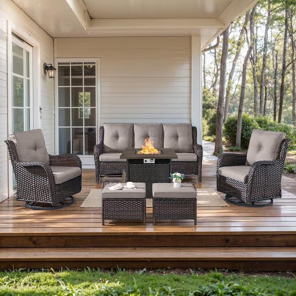 moosprr 6-Piece Brown Wicker Fire Pit Conversation Set with Olefin Gray Cushions and Curved Arm Swivel Glider Rocking Chairs