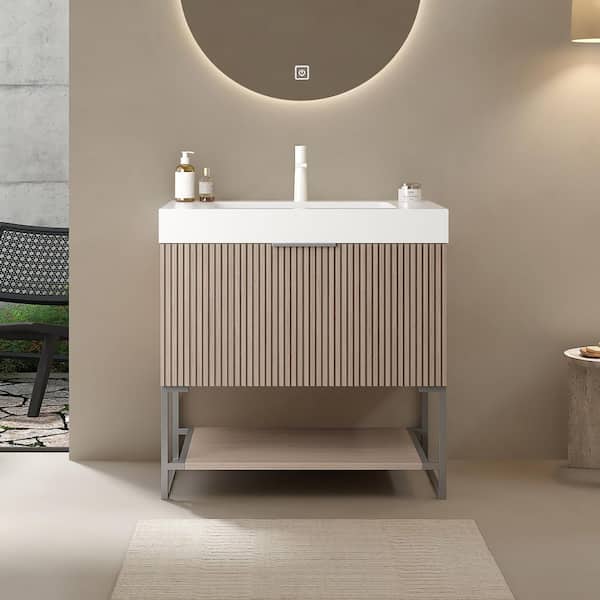 30 in. W x 19.7 in. D x 33.5 in. H Single Sink Freestanding Bath Vanity in Brown Oak with White Solid Surface Top