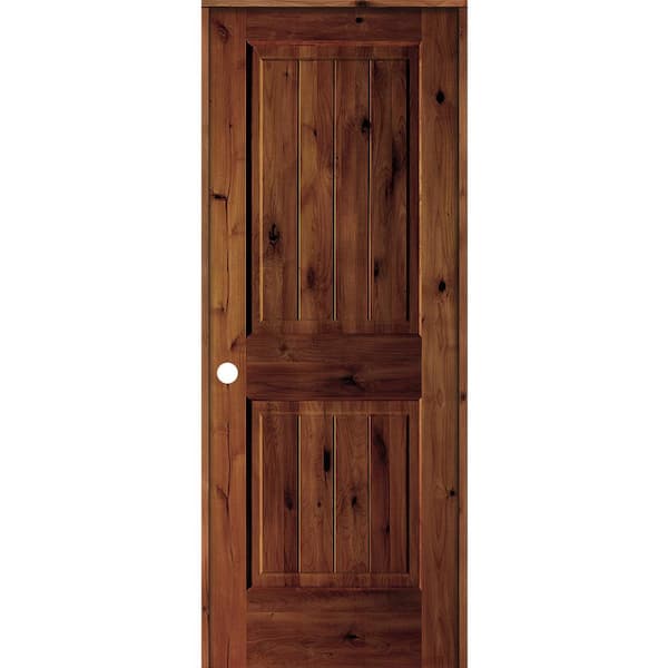 Krosswood Doors 30 in. x 80 in. Knotty Alder 2 Panel Right-Hand Sq. Top V-Groove Red Chestnut Stain Wood Single Prehung Interior Door