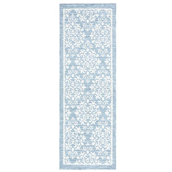 TOWN & COUNTRY LIVING Everyday Walker Damask Medallion Light Blue 24 in. x 72 in. Machine Washable Runner Kitchen Mat
