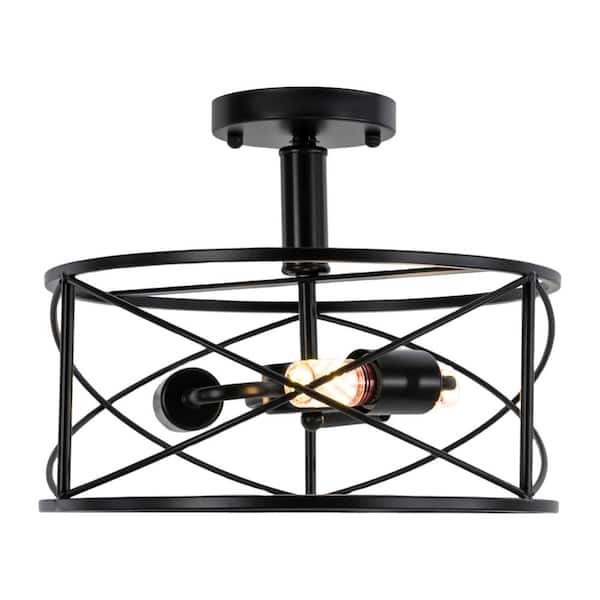 OUKANING 12.99 in. 3-Light Black Industrial Semi-Flush Mount Ceiling Light with Metal Lampshade, No Bulbs Included