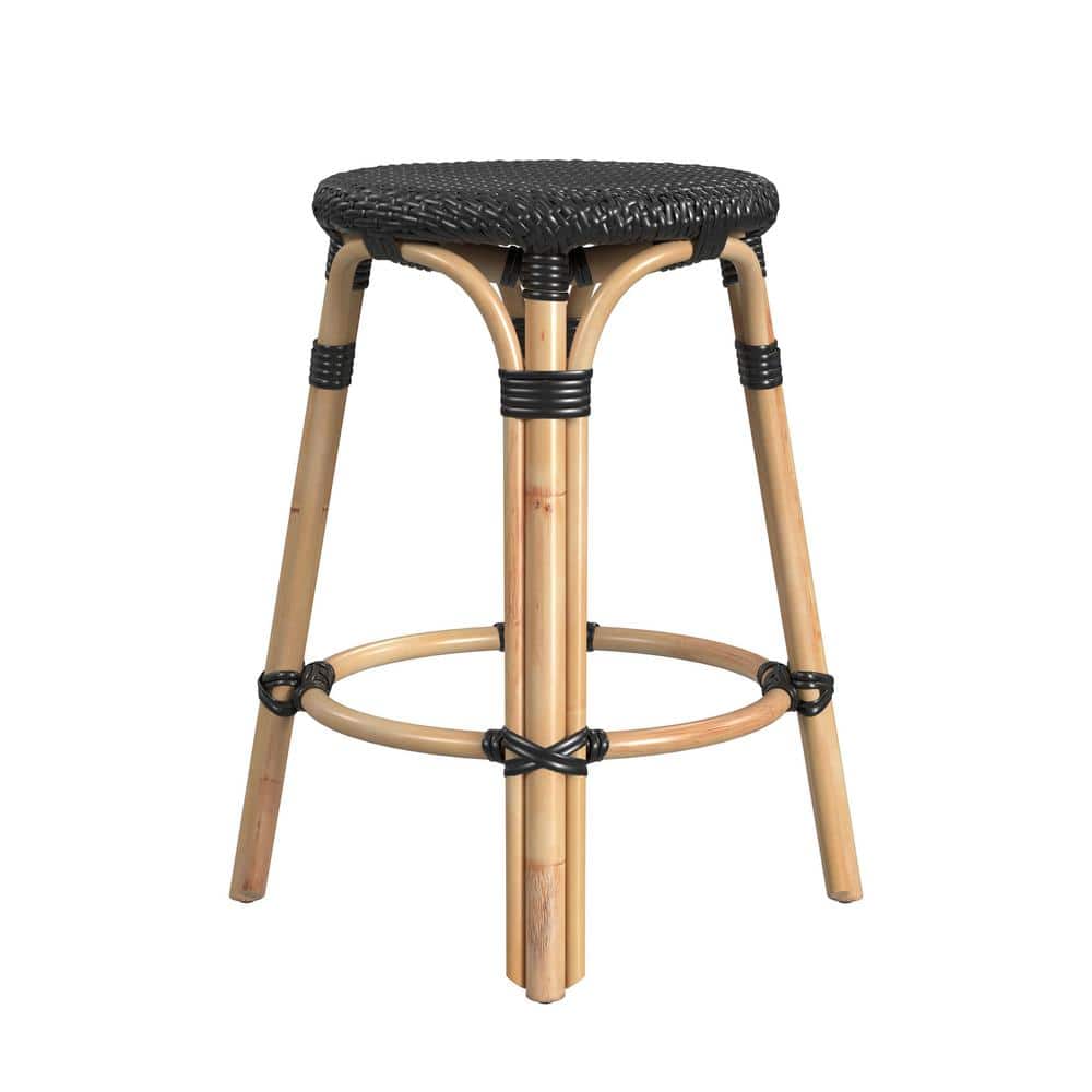 24" Black and Natural Rattan Backless Counter Stool