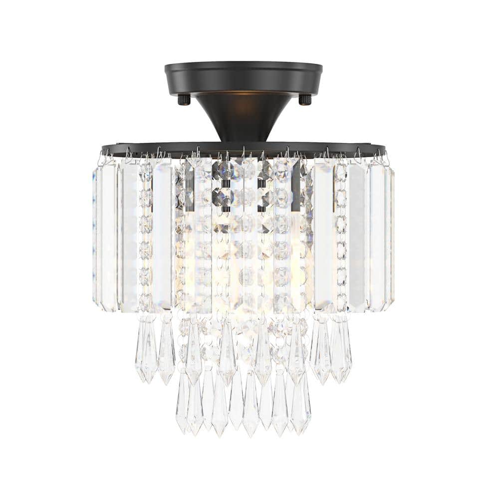 Modern 9.05 in. 1-Light Black Crystal Semi-Flush Mount Mini 3-Tier Close to