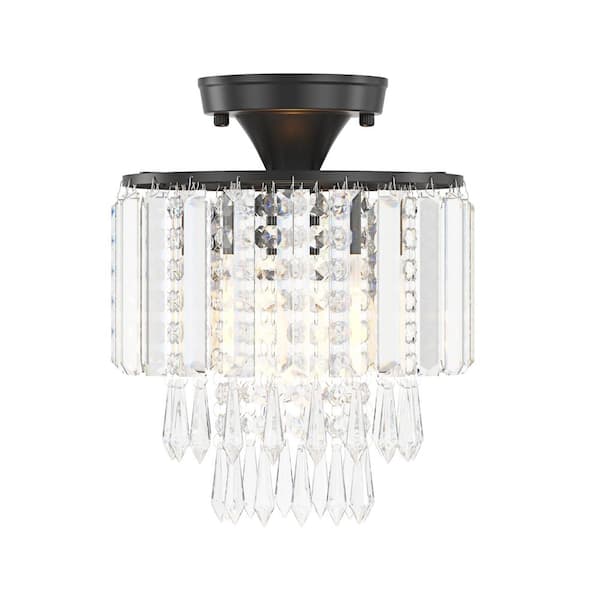 Modern 9.05 in. 1-Light Black Crystal Semi-Flush Mount Mini 3-Tier Close to Ceiling Light Fixture