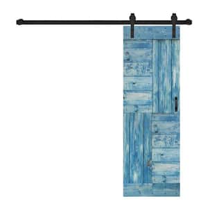 S Series 28 in. x 84 in. Worn Navy Finished DIY Solid Wood Sliding Barn Door with Hardware Kit