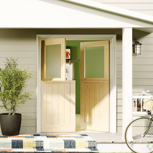 72 in. x 80 in. 1/2 Lite, Universal, Frosted Glass, Dutch Door, Solid Pine Wood, Light Brown Primed Wood Front Door Slab
