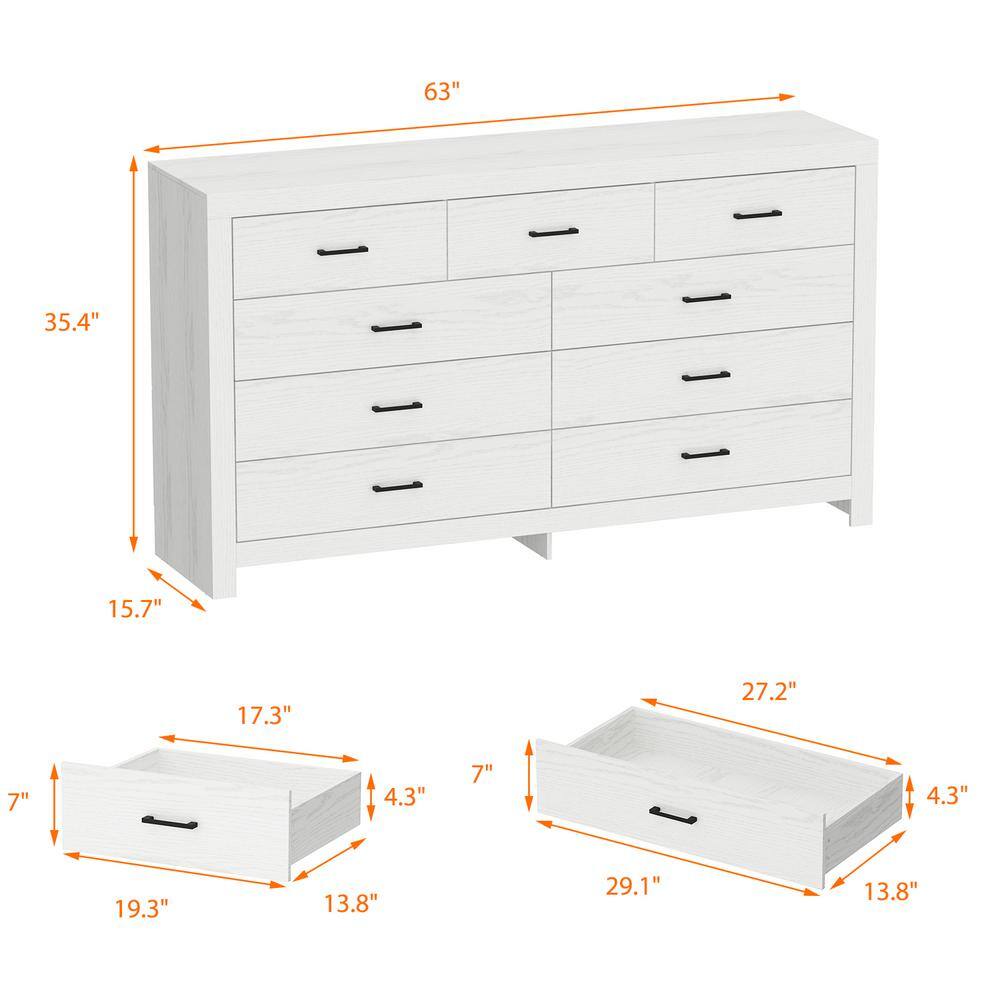 White Wood Grain 63 in. W Wooden Dresser, Chest of Drawers with 9-Drawers without Mirror - thumbnail 5