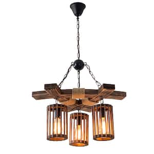 3-Light Vintage Farmhouse Wooden Chandelier with Wood Shade