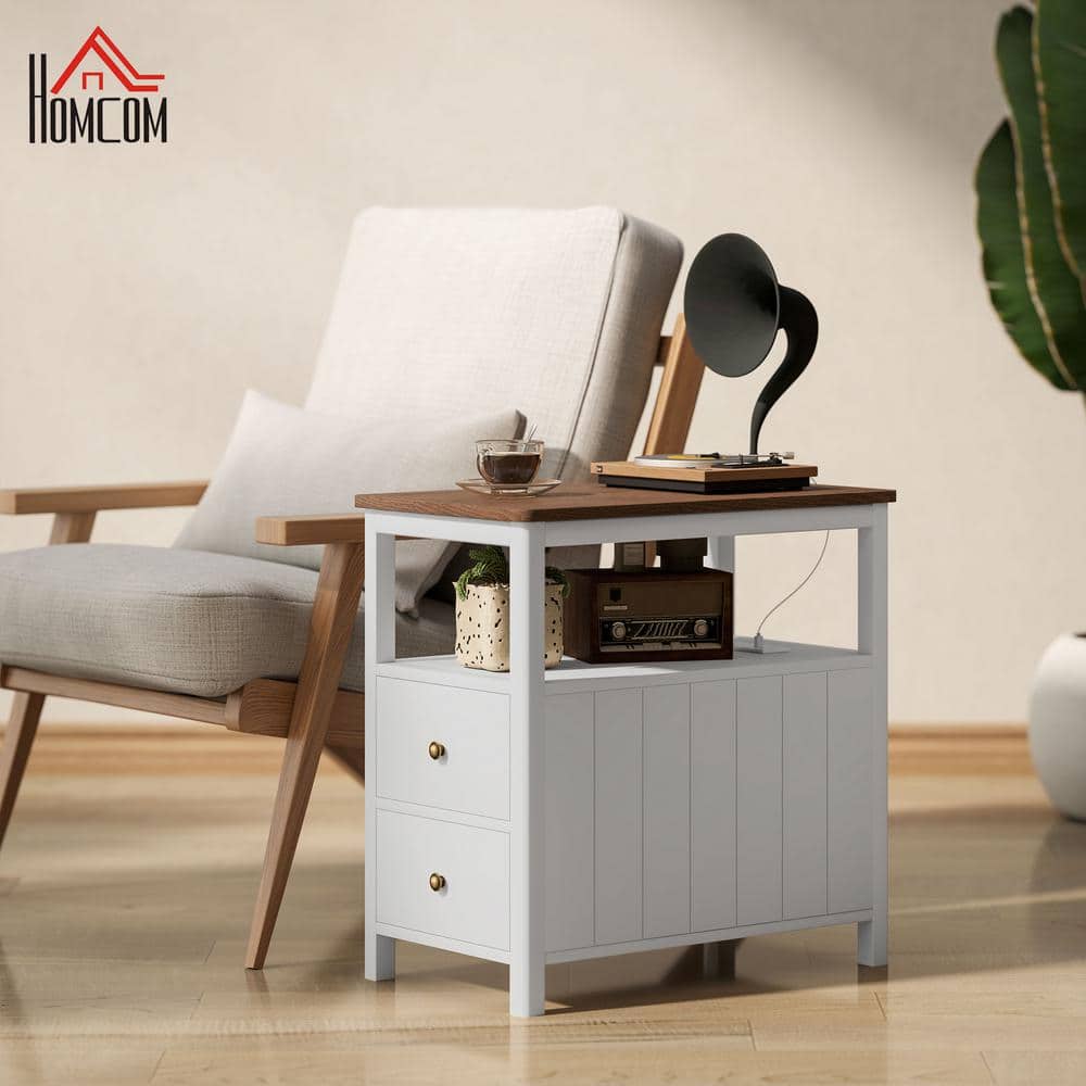 White and Brown Wood End Table with Charging Station and Storage