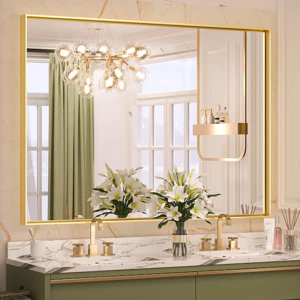 48 in. W x 36 in. H Rectangular Aluminum Square Corner Framed Wall Mount Bathroom Vanity Mirror in Brushed Brass