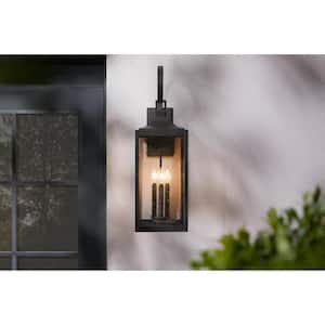 Havenridge 27.8 in. 3-Light Matte Black Hardwired Outdoor Wall Lantern Sconce with Seeded Glass (1-Pack)