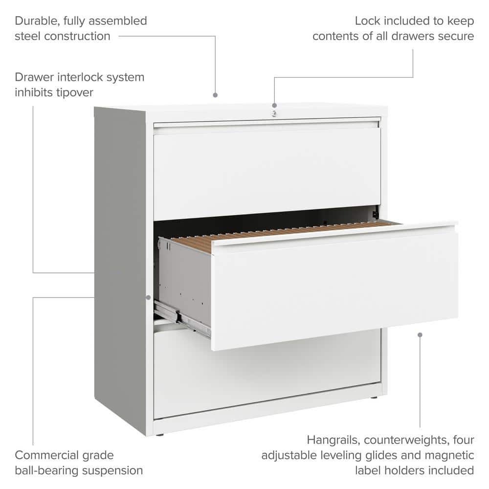 White Steel 36" 3-Drawer Lockable Lateral Filing Cabinet
