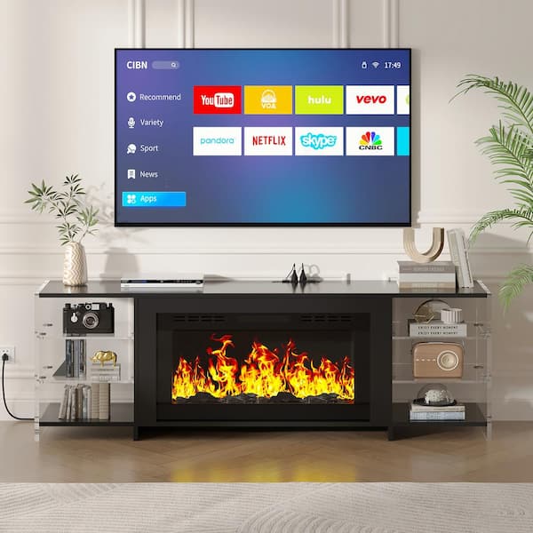 Fireplace TV Stand for TVs up to 75 in. with 3D Flame 13 Colors LED Light Black Transparent Shelves Entertainment Center