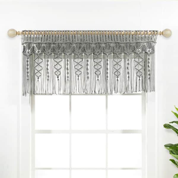 HOMEBOUTIQUE 50 in. x 20 in. Gray Boho Macrame Textured Cotton Valance/Kitchen Curtain/Wall Decor Single
