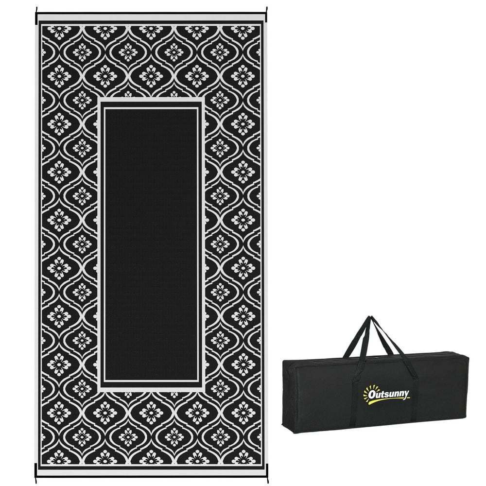 Black and White Gourd Border 9 ft. x 18 ft. Waterproof Plastic Straw Floor 