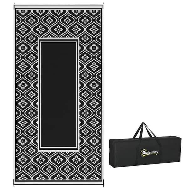 Black and White Gourd Border 9 ft. x 18 ft. Waterproof Plastic Straw Floor Mat Large Reversible Outdoor Rug Area Rug