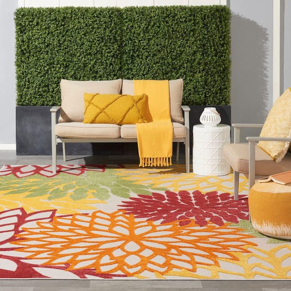 Aloha Red Multi Colored 8 ft. x 11 ft. Floral Contemporary Indoor/Outdoor Patio Area Rug