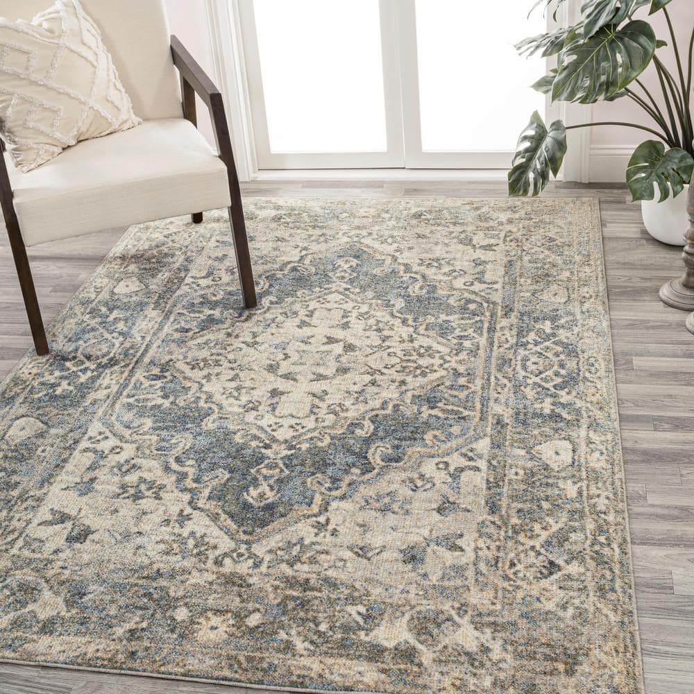 Pavel Blue and Cream 4' x 6' Washable Medallion Rug