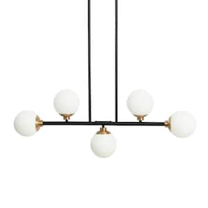 Lorne - 5-Light Black Matte Chandelier Metal and Frosted Glass Globe with Brushed Gold Accent