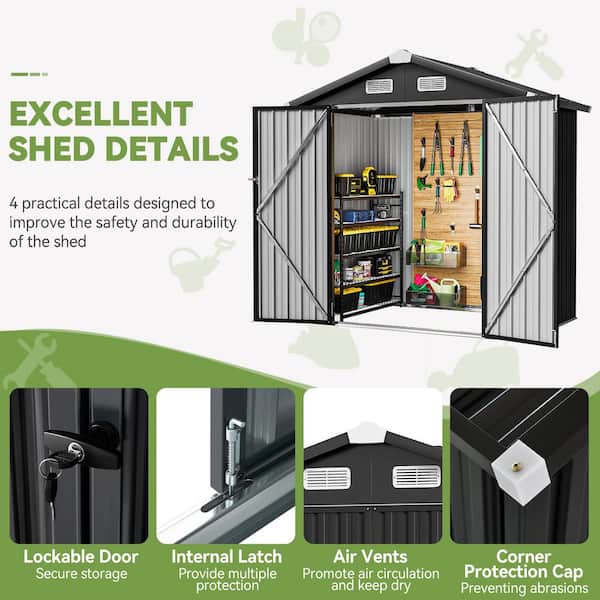 Sizzim 6 ft. W x 4 ft. D Black Metal Shed with Lockable Door and