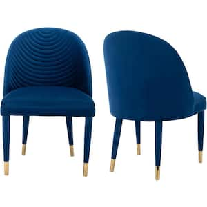 Modern Navy Blue Upholstered Armless Velvet Dining Chairs with Special Backs Wood Legs Set of 2