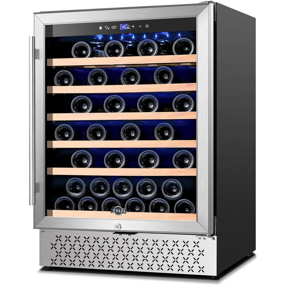 Hooure Cellar Cooling Unit 24 in. Single Zone 51-Bottle Built-In or Freestanding Wine Cooler with Door Lock, Stainless Steel, Silver