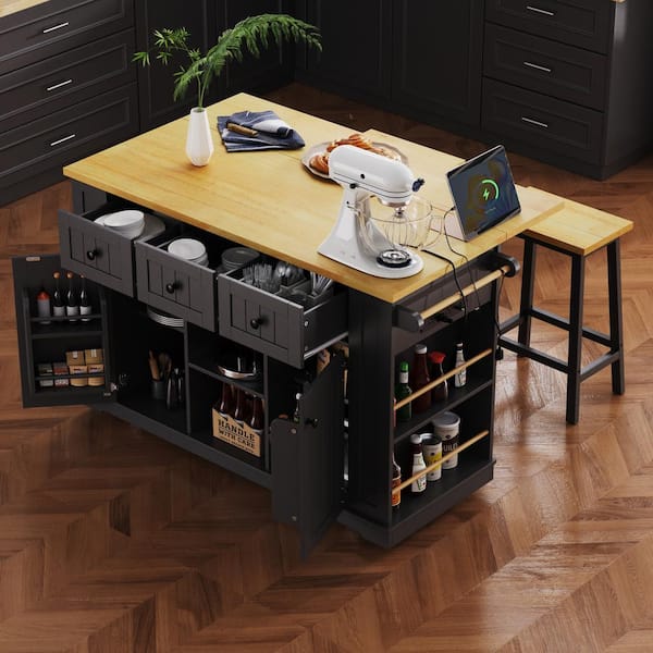 Unbranded Black Wood 53 in. Kitchen Island with 2 Bar Stools Power Outlet Rack 5 Wheels with Drop Leaf,5 Open Side Racks,3 Drawers