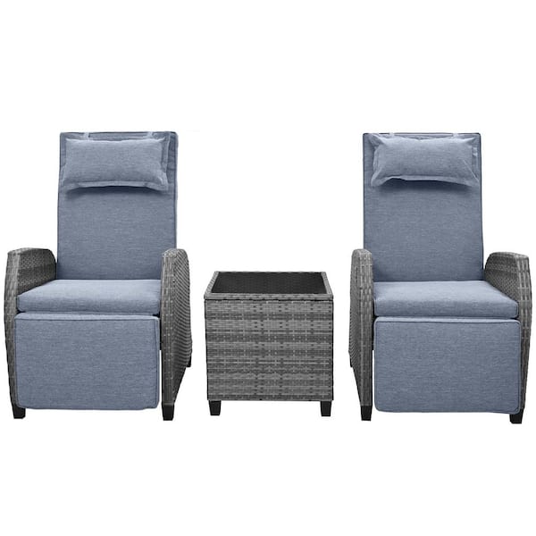 Gray 3-Piece Wicker Patio Conversation Set with Gray Cushions