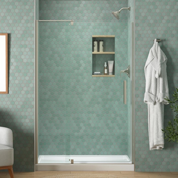 KOHLER Echelon 48 in. x 70 in. Frameless Pivot Shower Door in Anodized Brushed Nickel with Clear Glass