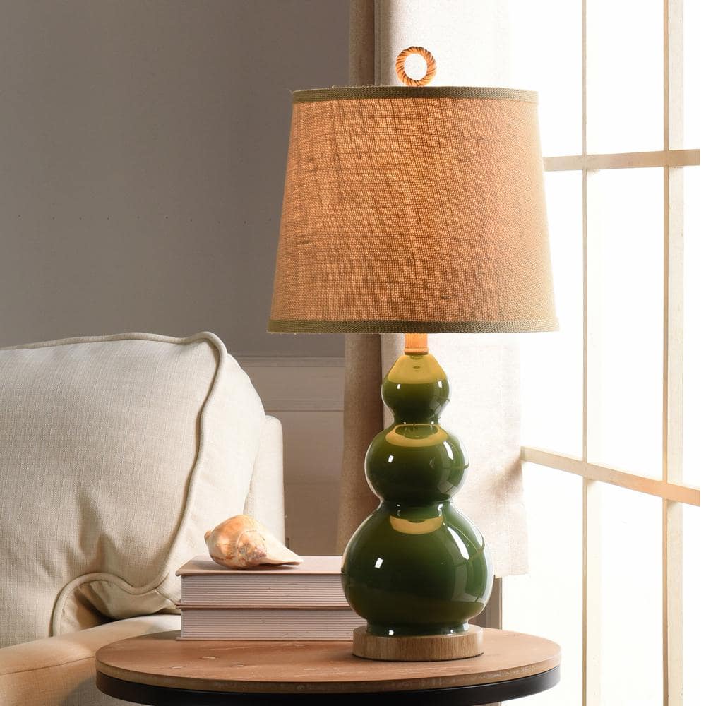 Nautical Green and Taupe Glass Table Lamp with Burlap Shade