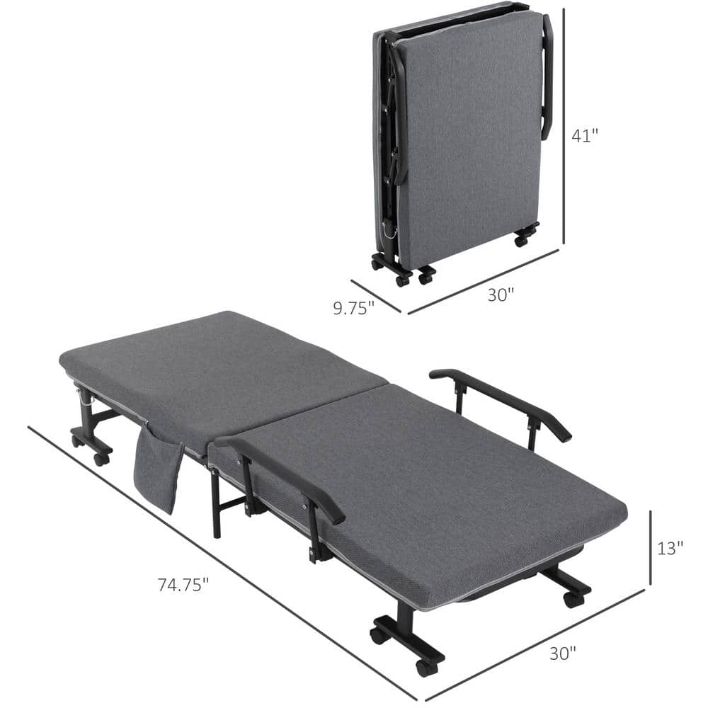 Dark Grey Metal Frame Rollaway Guest Bed with Upholstered Headboard