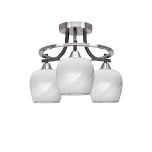 Madison 15.5 in. 3-Light Matte Black and Brushed Nickel Semi-Flush Mount with White Marble Glass Shade
