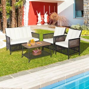4-Piece Patio Rattan Furniture Set Cushioned Chairs Wood Table Top with Shelf in Off White