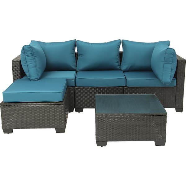 Sudzendf Dark Brown 5-Piece Wicker Outdoor Patio Conversation Set with Peacock Blue Cushions and Coffee Table